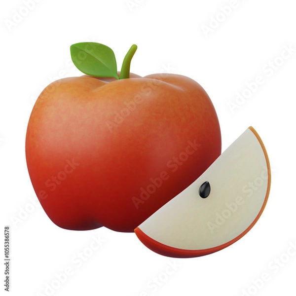 Fototapeta Red, ripe, juicy apple, a symbol of health and nature, sometimes even with a tiny worm, isolated on white background, 3d rendering