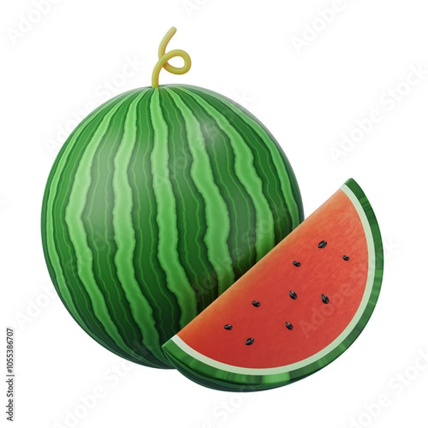 Fototapeta Watermelon fruit slice isolated on white background, vector illustration, 3d rendering