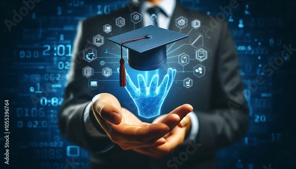 Fototapeta A man holding a virtual graduation cap and file icon on his hand. depicting a technology education concept with a blue background