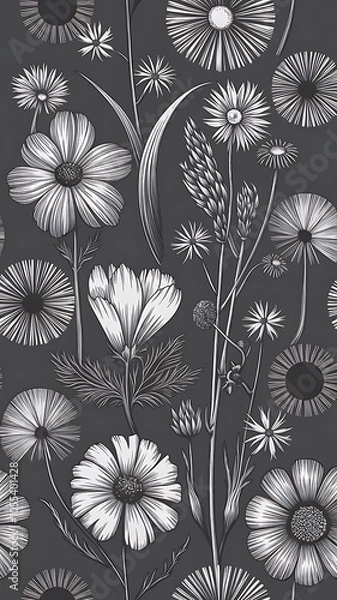 Fototapeta Vector wildflowers floral botanical flowers. Wild spring leaf wildflower isolated. Black and white engraved ink art. Seamless background pattern. Fabric wallpaper print texture.