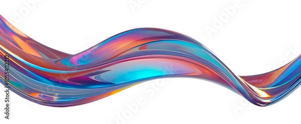 Fototapeta 3D chrome element in Y2K style, isolated background, liquid holographic metal. Colorful wave with a blue and orange stripe.
