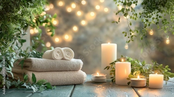 Fototapeta Relaxing spa setup with towels, candles, and greenery, creating a soothing ambiance.