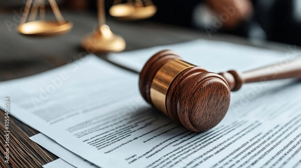 Fototapeta Wooden gavel resting on legal documents on a desk with brass justice scales in the background, symbolizing law and judicial authority.