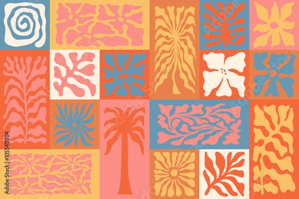 Fototapeta Vector seamless pattern in simple floral wavy and groovy naive style, flowers and plants, floral botanic hand drawn design templates, modern art prints, surface design