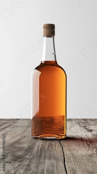 Fototapeta A rustic wooden table showcases a clear bottle filled with rich amber liquor
