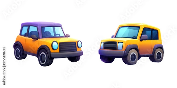 Fototapeta Colorful cartoon cars in side view, vibrant colors, isolated on purple.