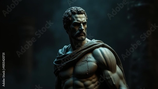 Obraz Detailed sculpture of a bearded man with defined muscles, captured with a banner stoic background, representing timeless strength.