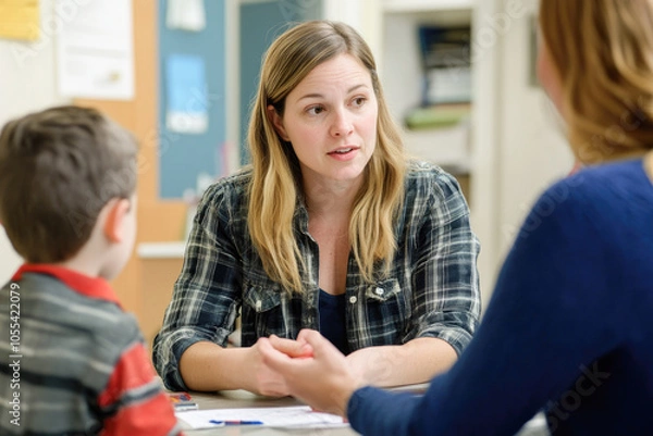 Fototapeta Parent-teacher conference discussion with concerned young mother and teacher
