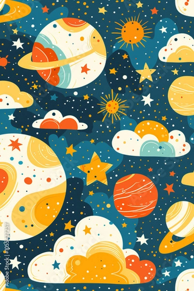 Fototapeta A charming space-themed 2D vector background with pastel colors, ideal for children’s projects, storybooks, and digital art. A dreamy and fun illustration for creative designs
