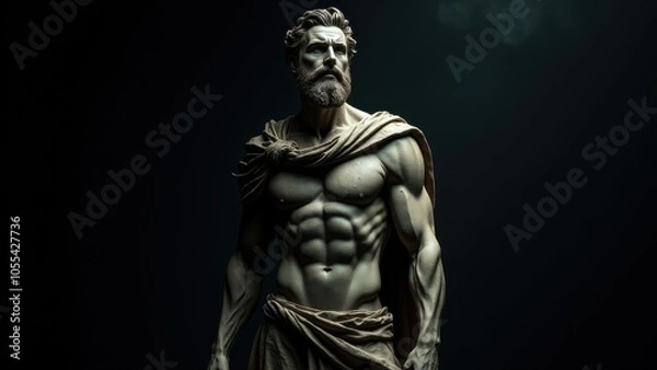Fototapeta Detailed sculpture of a bearded man with defined muscles, captured with a banner stoic background, representing timeless strength.