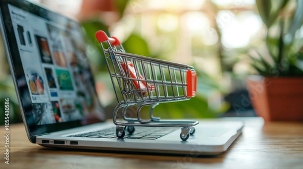 Fototapeta Online shopping concept with miniature cart on laptop