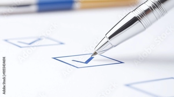 Fototapeta Close-up of a checklist with a pen marking a checkbox, representing productivity, organization, and task completion in a professional setting.