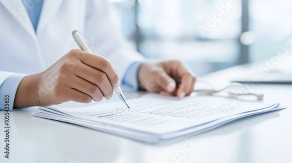 Fototapeta Close-up of a medical professional writing on a report, showcasing precision and attention to detail in a clinical setting.