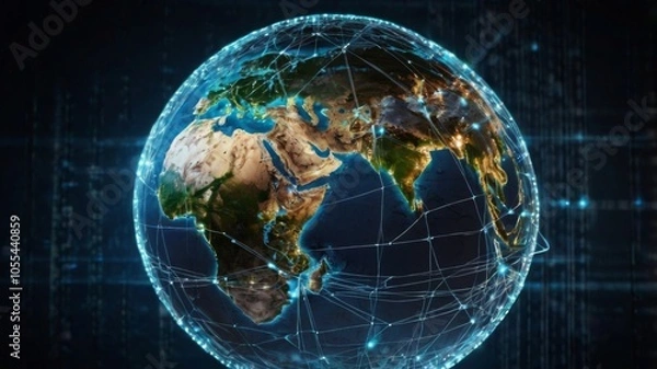 Fototapeta Communication technology with global internet network connected in Europe. Telecommunication and data transfer european connection links. IoT, finance, business, blockchain, security.