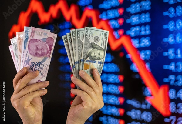 Fototapeta American dollar and Turkish lira on woman's hand and stock market screen, money chart background