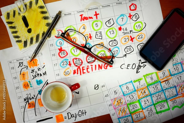 Obraz Calendar with business appointments,smart phone,pen and spectacles, monthly schedule. Business concept,beat the clock. Free copy space.
