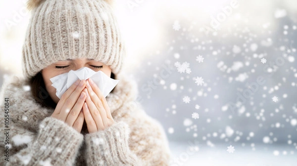 Obraz Woman Blowing Nose in Winter with Snow Falling, Cold and Flu Winter Season Health and Illness Concepts