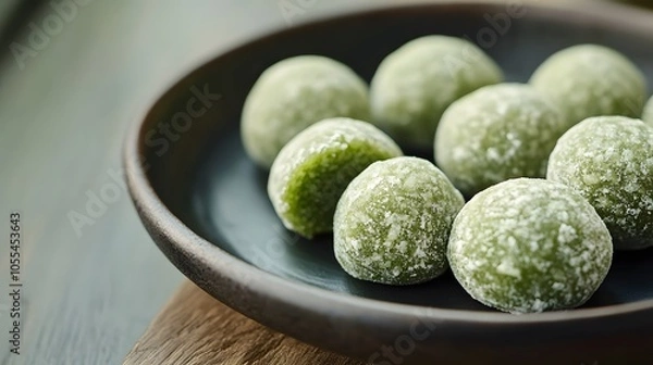 Fototapeta A serving of matcha-flavored mochi, chewy rice cakes with a matcha green tea filling.


