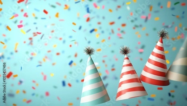 Fototapeta New Year 2025, party hats and confetti, 3D illustration