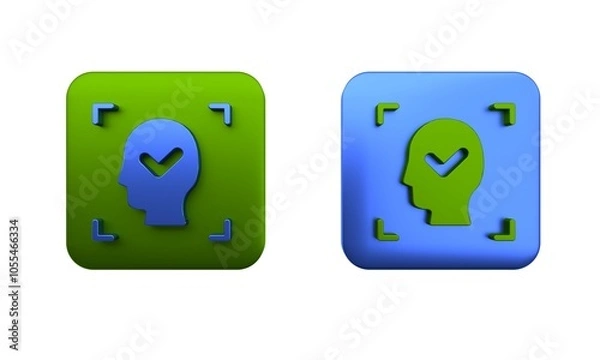 Fototapeta Colorful Face recognition with check mark icon isolated on white background. Face identification scanner icon. Facial id. Cyber security concept. Square button. 3D render illustration