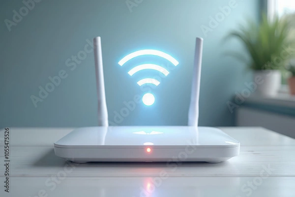Fototapeta Wireless internet network technology Wi-fi router on the table in a home with a holographic WiFi sign