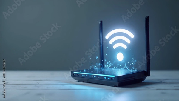 Fototapeta Wireless wi-fi router on a table. Concept of fast internet network speed of broadband service with a holographic WiFi signal.