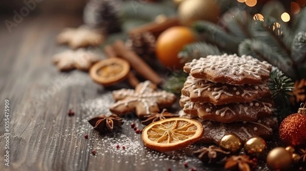 Fototapeta Winter season. Christmas and New Year composition. Festive decorations and homemade gingerbread with copy space for text design. Holiday and celebration concept, greeting card or invitation mockup