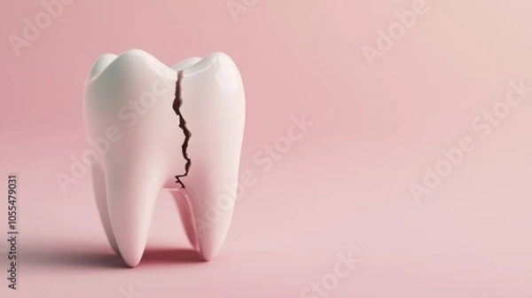 Fototapeta A striking close-up of a large, stylized tooth showcases a prominent vertical crack against a soft pink background, emphasizing dental health and the need for regular check-ups.