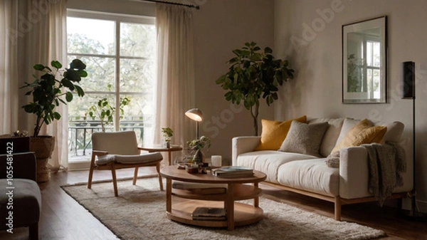 Fototapeta A tranquil living area with soft tones and elegant finishes designed for both beauty and functionality