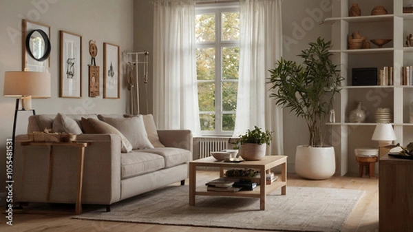 Fototapeta A tranquil living area with soft tones and elegant finishes designed for both beauty and functionality