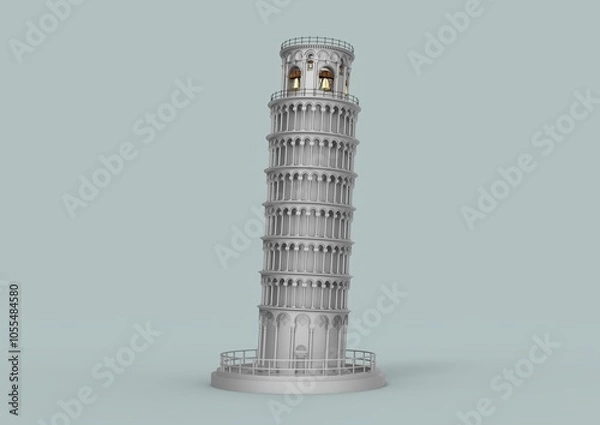 Fototapeta The image showcases a stunning 3D rendering of the Leaning Tower of Pisa, an architectural marvel known for its distinctive tilt. The tower is constructed from white and gray marble, featuring intrica