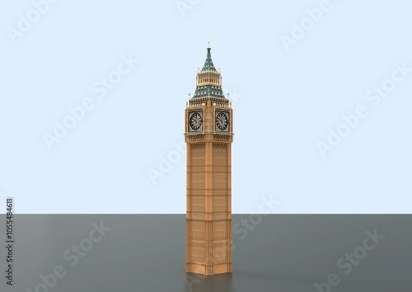 Fototapeta The image features a 3D rendering of Big Ben, the iconic clock tower located at the north end of the Palace of Westminster in London. The tower is intricately designed, showcasing its Gothic Revival a