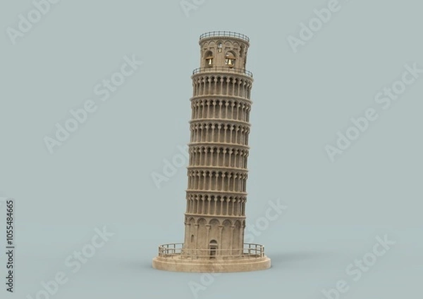 Fototapeta The image showcases a stunning 3D rendering of the Leaning Tower of Pisa, an architectural marvel known for its distinctive tilt. The tower is constructed from white and gray marble, featuring intrica