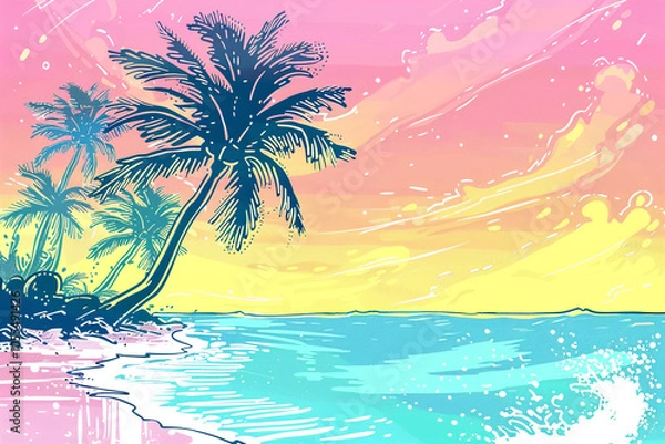 Fototapeta A lively summer composition featuring palm trees, waves, and vibrant RGB shades. The left-side blank canvas provides space for text or design elements, ideal for branding or web graphics