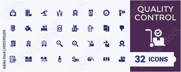 Fototapeta Quality Control solid web icon set. Related to linear, calibration, star, standardization, thin, rocket, app, approve. Isolated icons design. Editable vector illustration.