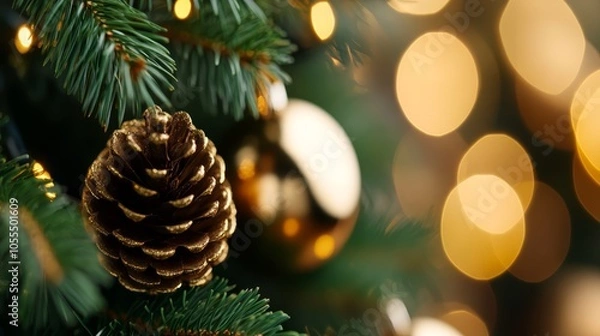 Fototapeta  A pine cone up-close on a Christmas tree against softly blurred background lights