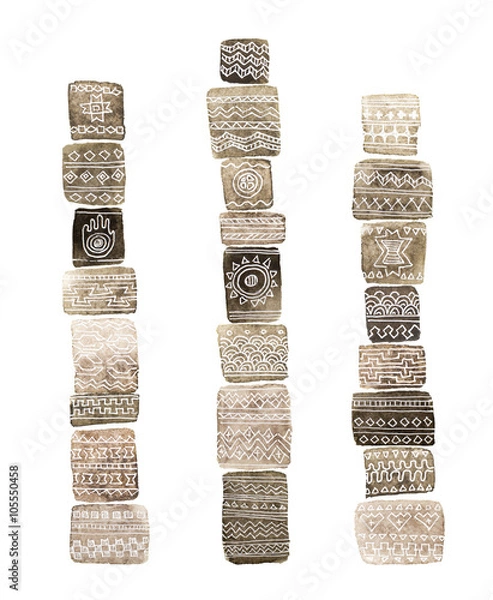 Fototapeta Watercolor Set of Totem Elements. Stylized Totem Poles Isolated on White Background with Hand Drawn Line Abstract Tribal Ornament