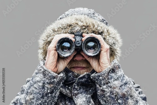 Obraz Elderly person wearing a fur-lined coat observing wildlife through binoculars in a snowy landscape