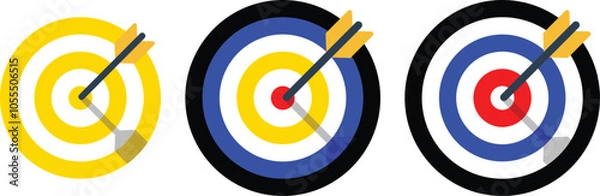 Fototapeta Archery target collection with arrow. Sight Crosshairs Bullseye dartboard icon. Business target destination icon. Arrow Target aiming in blue, red, Black and yellow. 