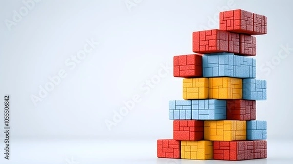 Fototapeta Stacked colorful building blocks on a minimalist background