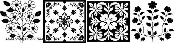 Fototapeta A collection of intricate, abstract patterns featuring stylized trees and floral designs in a monochromatic style.