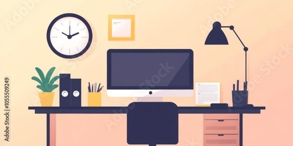 Fototapeta A modern workspace with a desk, computer, files, coffee, and reminders. It's organized and has a lamp and plant for a cozy feel. A clock and picture on the wall complete the scene.