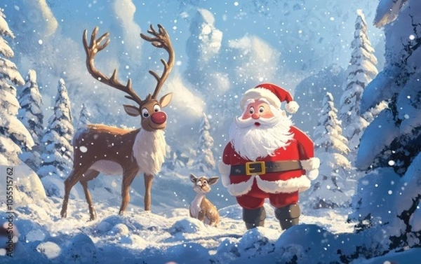Fototapeta illustration A cheerful, animated winter scene featuring Santa Claus on the right standing beside a reindeer the left in a snowy landscape