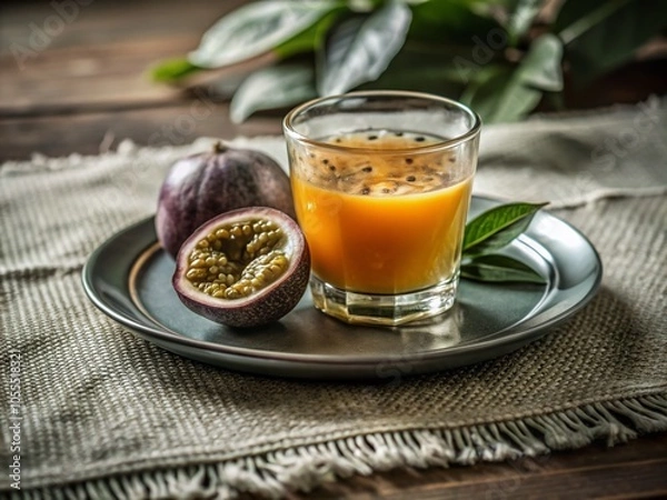 Obraz Refreshing Passion Fruit Juice on Coaster with Elegant Napery for Summer Vibes