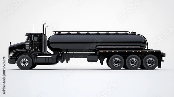 Fototapeta A side view of a black tanker truck designed for transporting liquids.