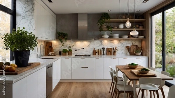 Fototapeta A modern kitchen with sleek white cabinets, marble countertops, and pendant lighting, accented with potted herbs and wooden cutting boards for a touch of warmth 