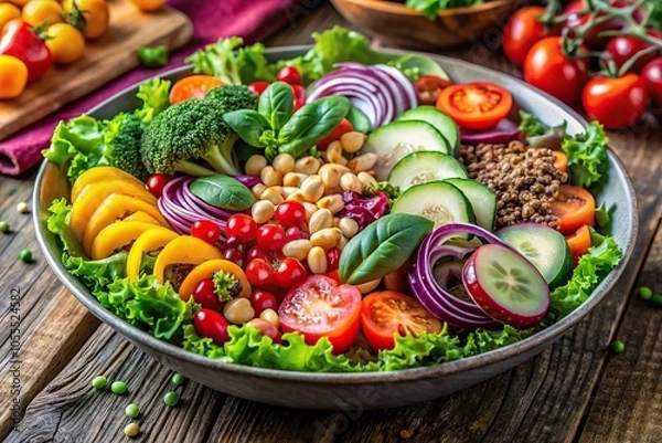 Fototapeta A vibrant salad with mixed greens, colorful vegetables, and plant-based protein sources, whole grain bread, vegan options, spinach, chickpeas, healthy eating