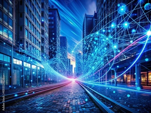 Fototapeta Sinuous Blue Particles in Digital Landscape Representing Data Transmission and Network Activity