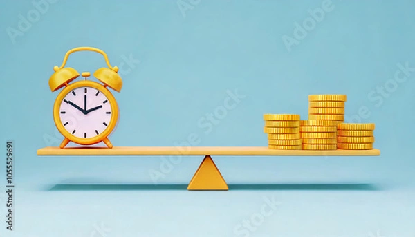 Fototapeta A balancing scale shows a clock on one side and stacks of gold coins on the other, symbolizing the relationship between time and money.