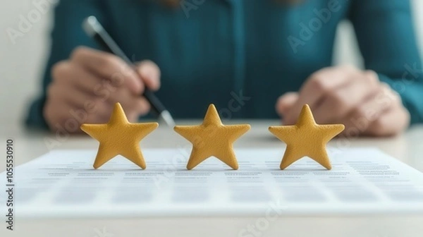 Fototapeta Three golden stars on a review form, with a person writing in the background.